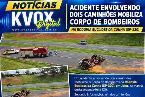 Acidente entre dois caminhões mobiliza Corpo de Bombeiros na SP-320, em Jales